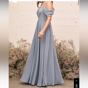 Lulus Lost in the Romance Slate Blue Cold Shoulder formal dress